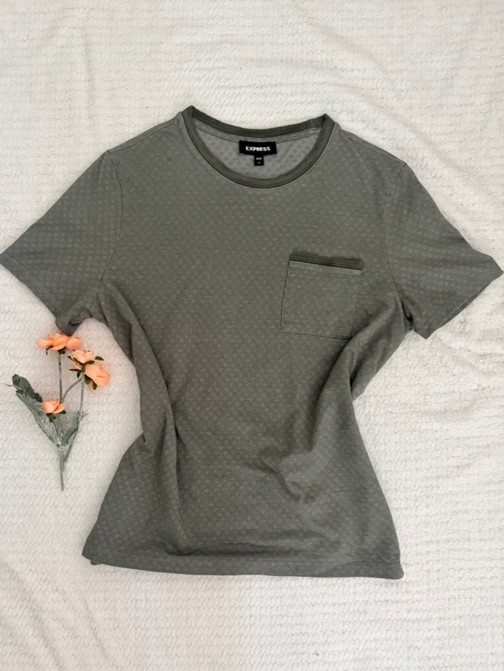 Express Green Textured Top Diamond Jacquard Pattern With Pocket Tee M casual